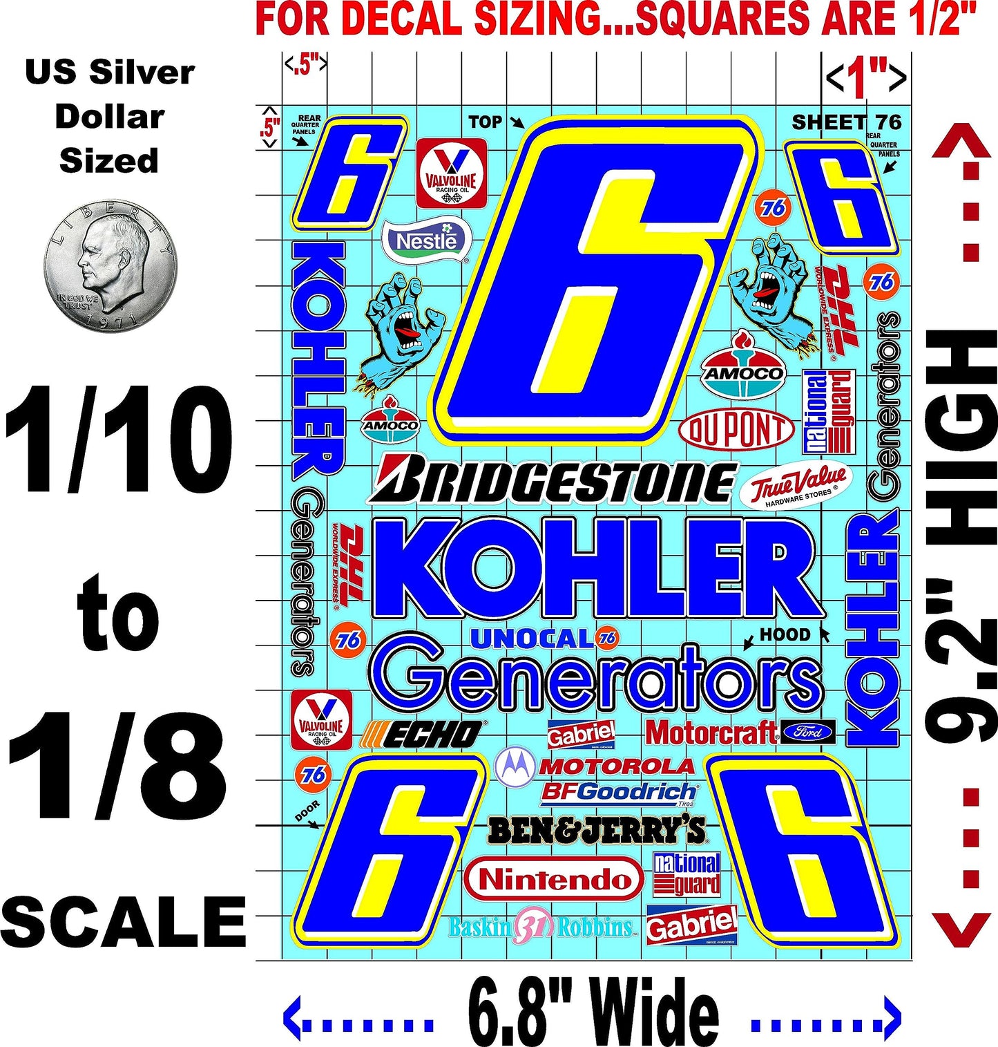 White Vinyl Sticker Variety Sheet 76-1/10th - 1/8th Scale Large 6.8" x 9.2"h Vinyl R/C Model Decal Sticker Sheet Radio Control Lexan Body