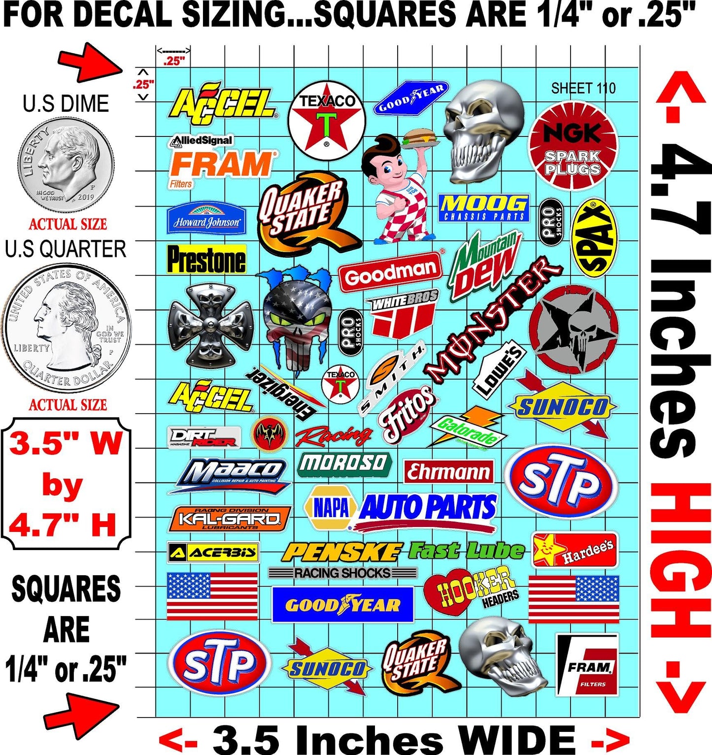 Clear Vinyl Sheet 110 Variety R/C Racing Sponsor Sticker Gang Sheet Good -1/24 – 1/16th Scale Model Decal Sticker Sheet Radio Control Lexan Body – Die-Cut to Shape - Peel & Stick – Water Slide