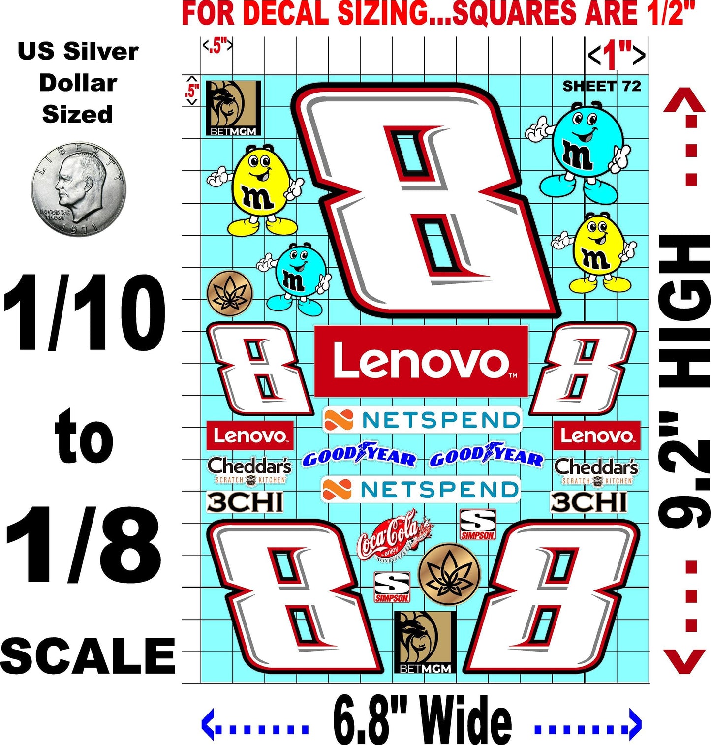 White Vinyl Sticker Variety Sheet 72-1/10th - 1/8th Scale Large 6.8" x 9.2"h Vinyl R/C Model Decal Sticker Sheet Radio Control Lexan Body