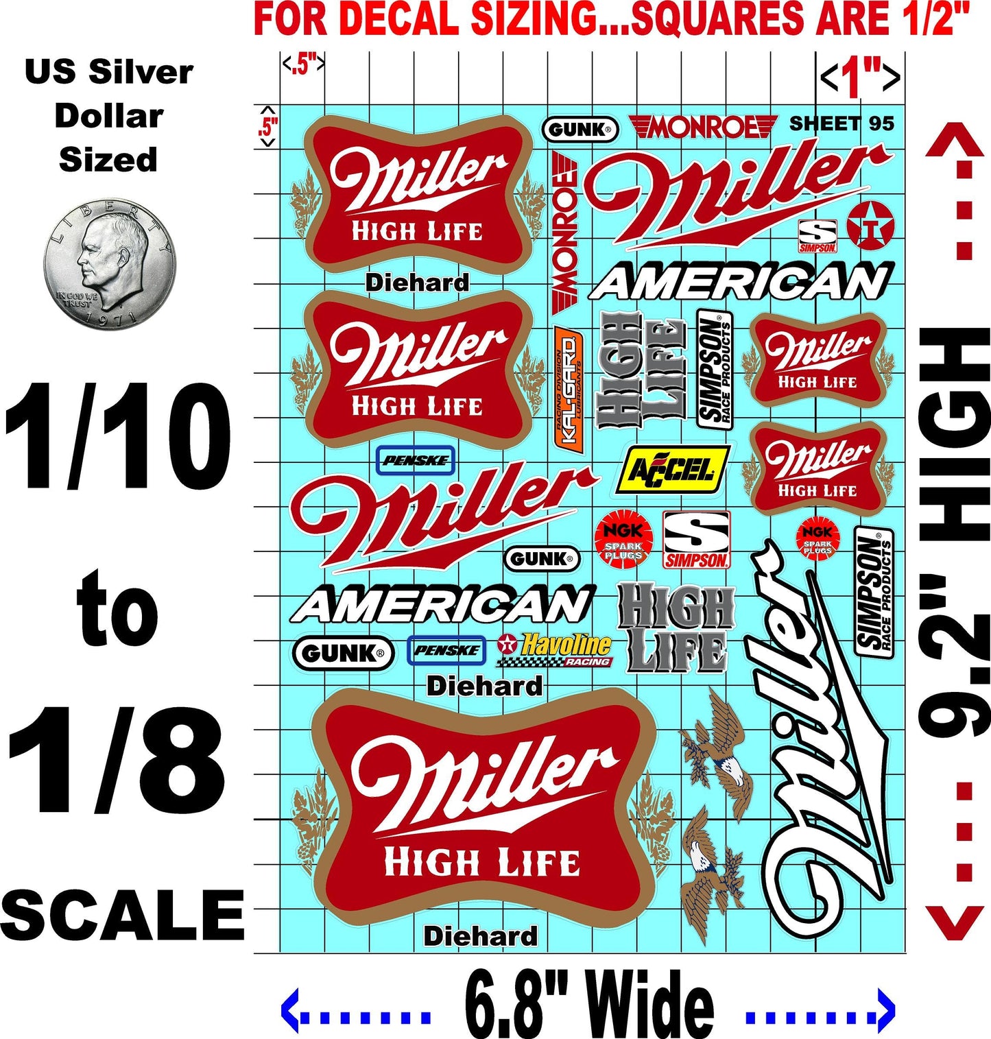 White Vinyl Sticker Variety Sheet 95-1/10th - 1/8th Scale Large 6.8" x 9.2"h Vinyl R/C Model Decal Sticker Sheet Radio Control Lexan Body
