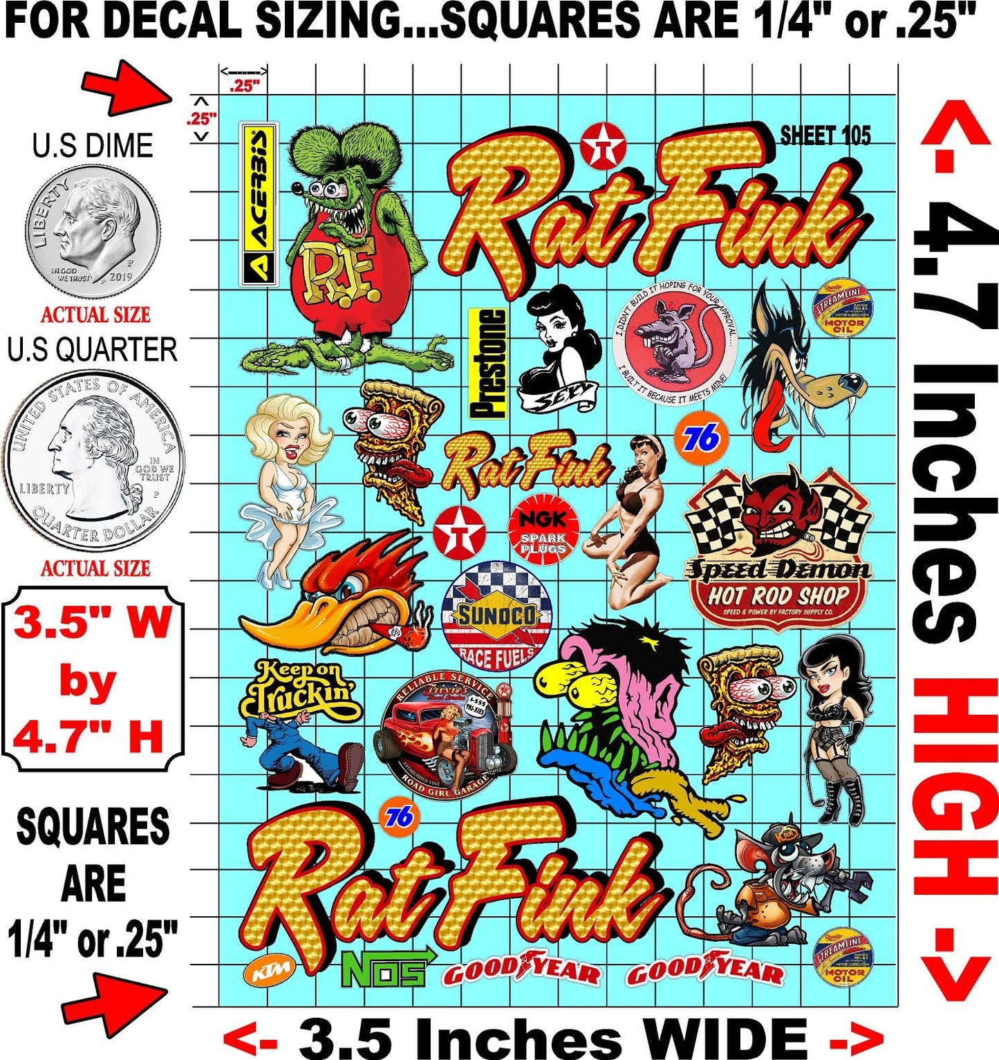 Generic Clear Vinyl 105 Rat Fink Rod R/C Racing Sponsor Sticker Gang Sheet Good -1/24 � 1/16th Scale Model Decal Sticker Sheet Radio Control Lexan Body � Die-Cut to Shape - Peel & Stick � Water Slide