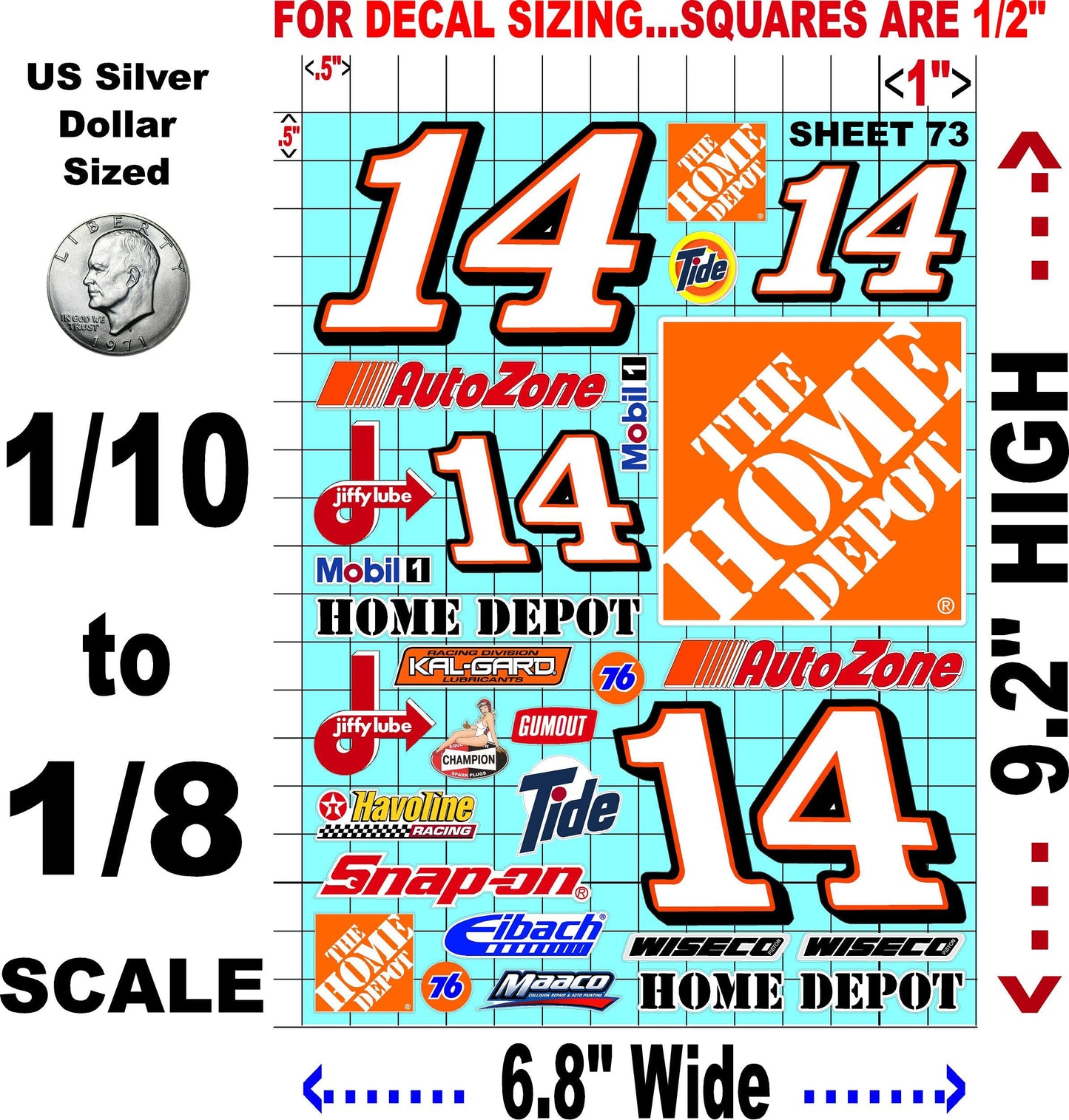 White Vinyl Sticker Variety Sheet 73-1/10th - 1/8th Scale Large 6.8" x 9.2"h Vinyl R/C Model Decal Sticker Sheet Radio Control Lexan Body