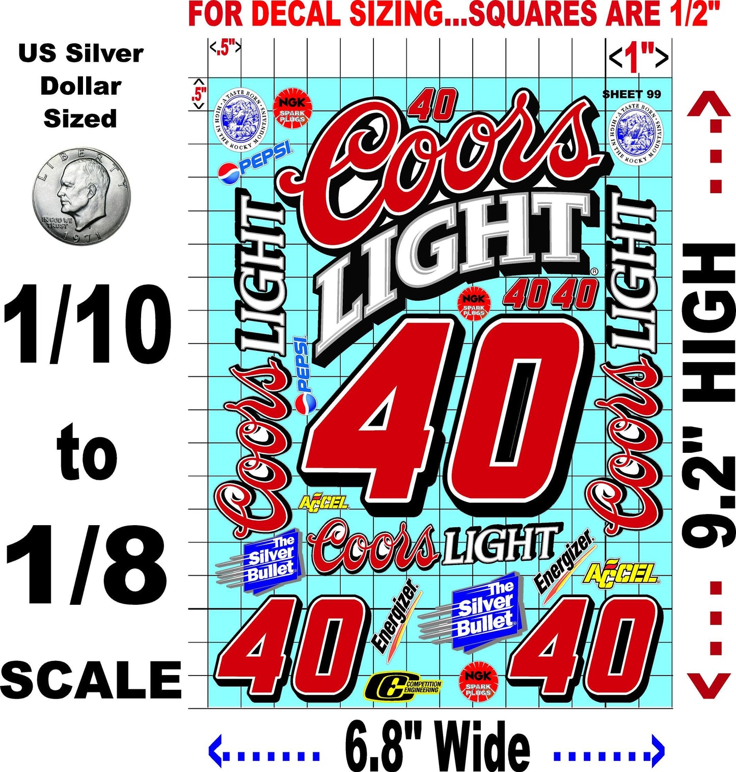 White Vinyl Sticker Variety Sheet 99-1/10th - 1/8th Scale Large 6.8" x 9.2"h Vinyl R/C Model Decal Sticker Sheet Radio Control Lexan Body