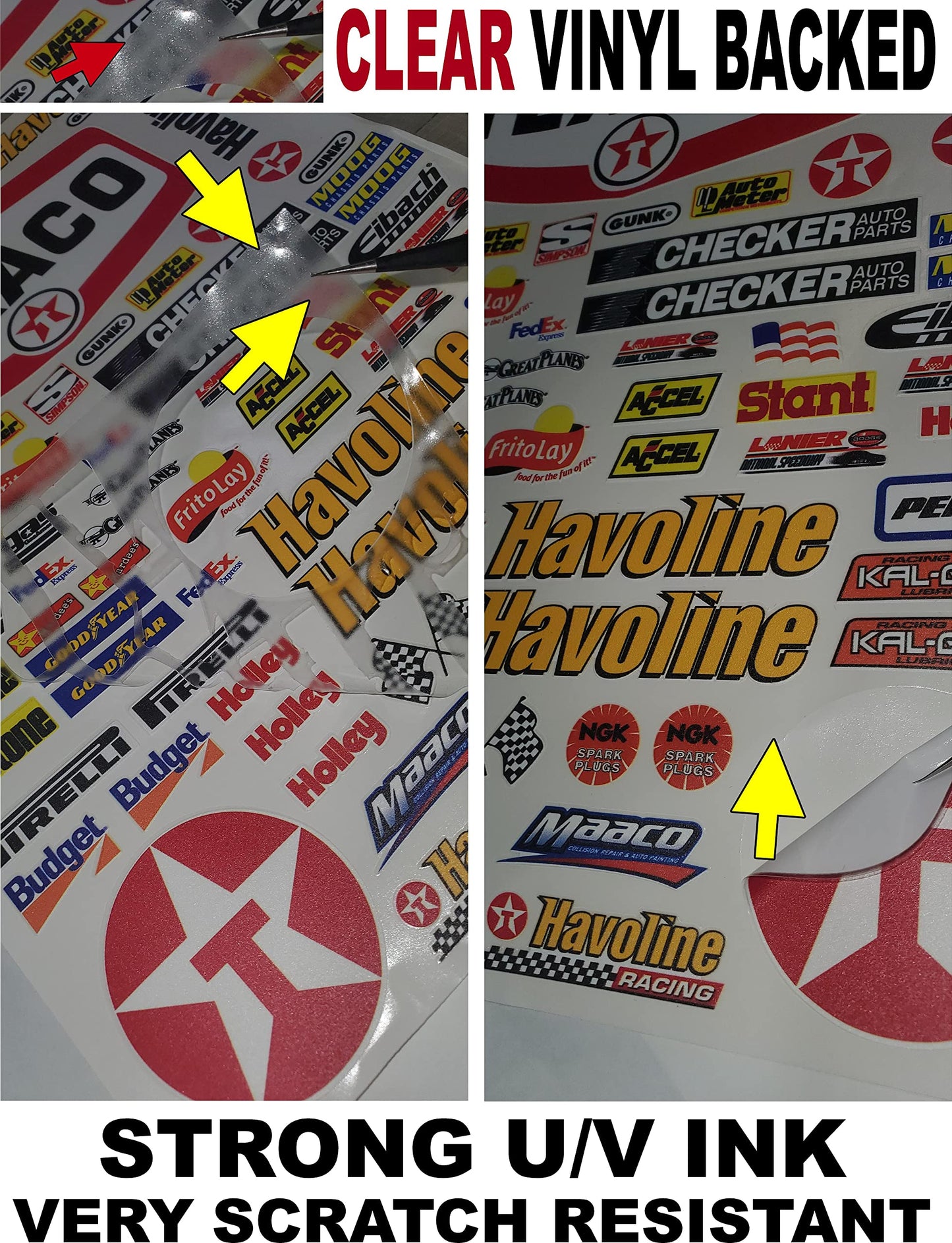 Clear Matte Finish Vinyl R/C Sheet 40 Racing Sponsor Sticker Gang Sheet Orange Pen -1/4-1/5 – 1/6th Scale Model Decal Sticker Sheet Radio Control Lexan Body –Die-Cut to Shape - Peel & Stick -Cars