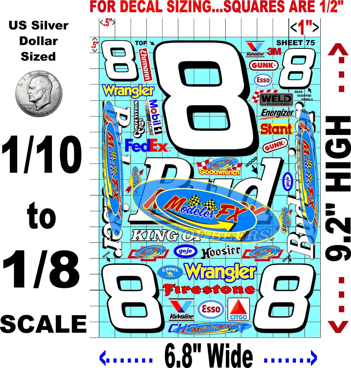 White Vinyl Sticker Variety Sheet 75-1/10th - 1/8th Scale Large 6.8" x 9.2"h Vinyl R/C Model Decal Sticker Sheet Radio Control Lexan Body