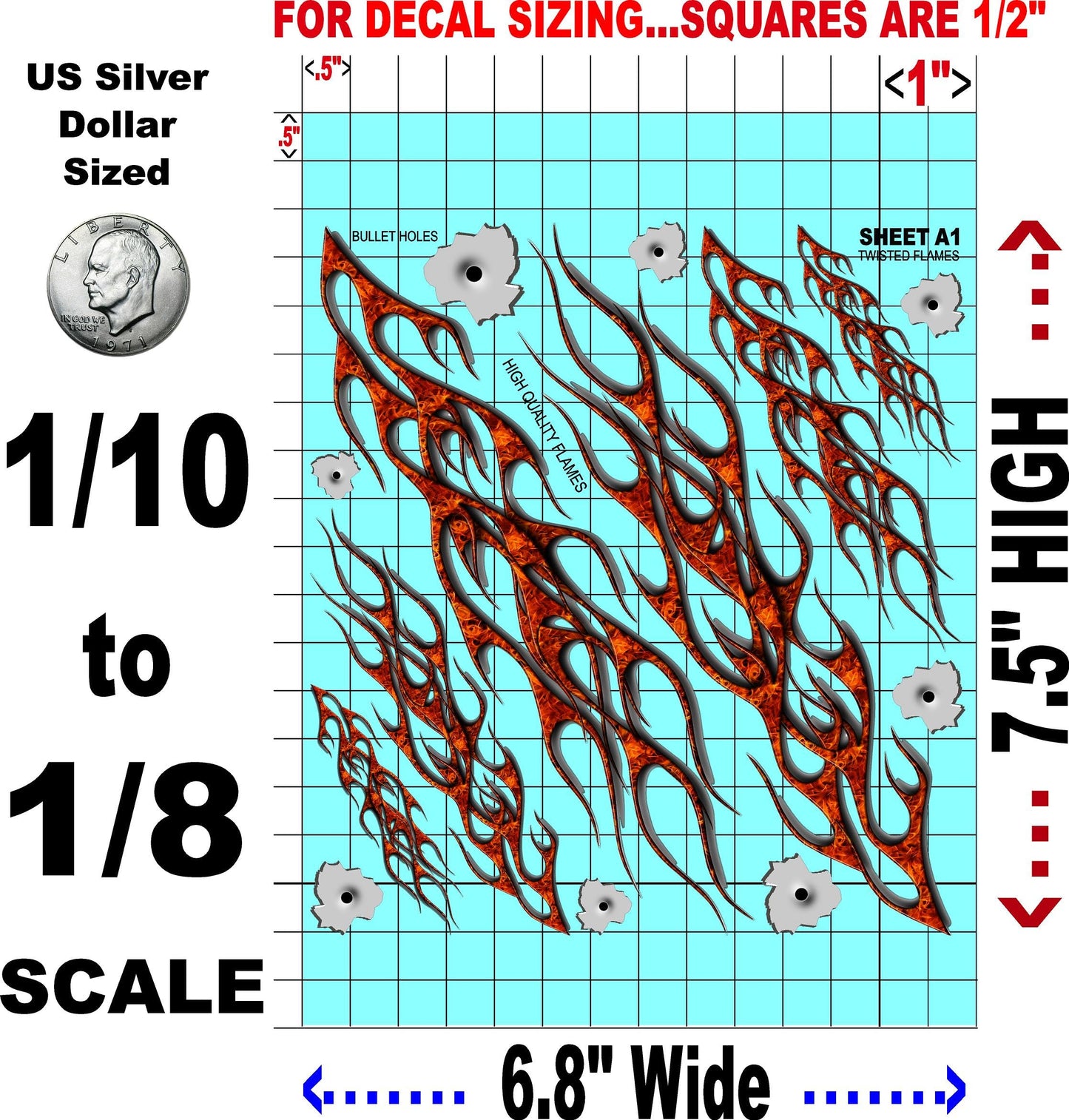 Clear Vinyl Sticker Sheet Twisted Flames A1-1/10th - 1/8th Scale Large 6.8" x 7.5"h for Cars, Trucks, Boats Anywhere You can Imagine - Easy to Apply - R/C Model Decal Radio Control Lexan Body
