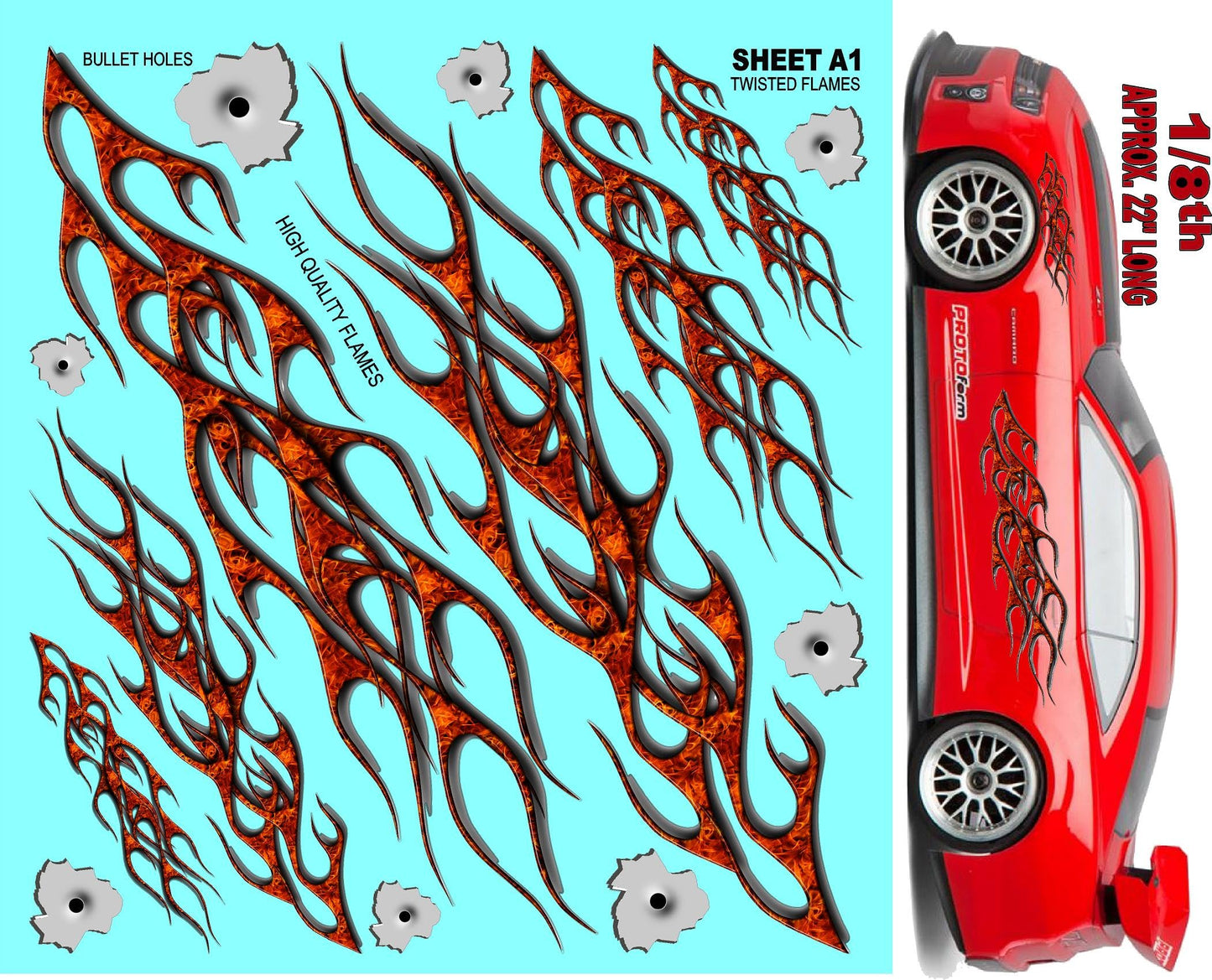 Clear Sheet Twisted Flames A1 Vinyl R/C Racing Sponsor Sticker Gang Sheet-1/4-1/5-1/6th Scale Decal Sticker Radio Control Lexan Body�Die-Cut to Shape-Peel & Stick�Water Slide