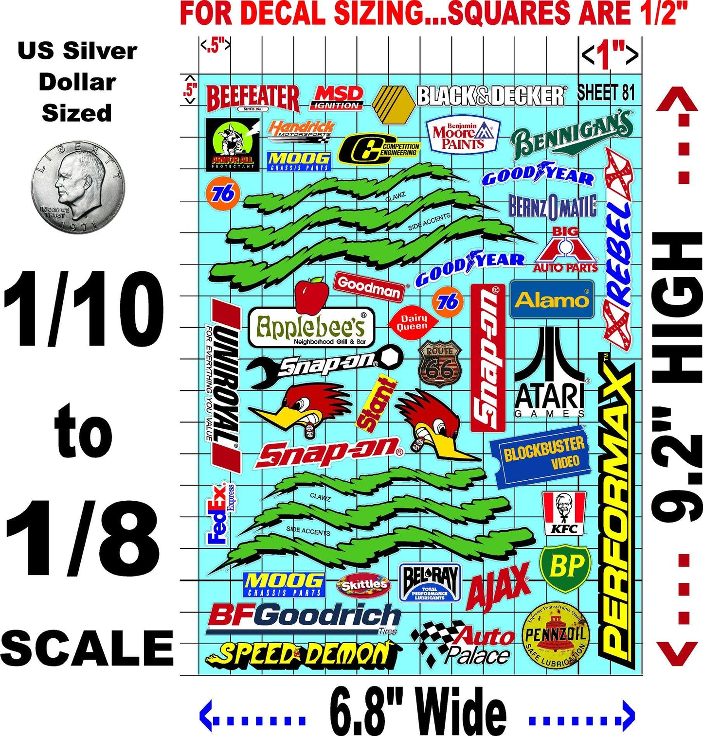 White Vinyl Sticker Variety Sheet 81-1/10th - 1/8th Scale Large 6.8" x 9.2"h Vinyl R/C Model Decal Sticker Sheet Radio Control Lexan Body