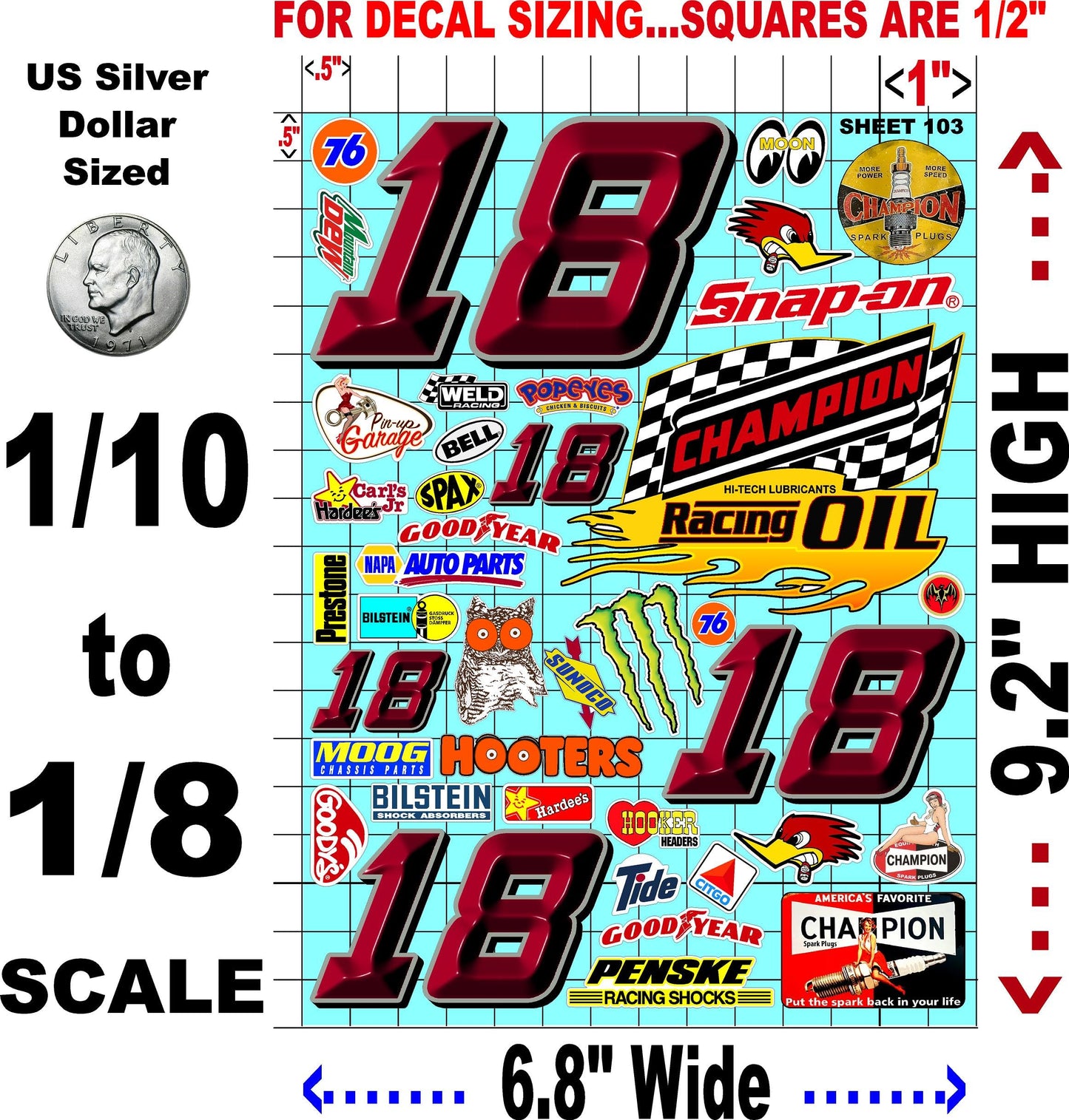 Clear Vinyl Sticker Variety Sheet 103-1/10th - 1/8th Scale Large 6.8" x 9.2"h Vinyl R/C Model Decal Sticker Sheet Radio Control Lexan Body