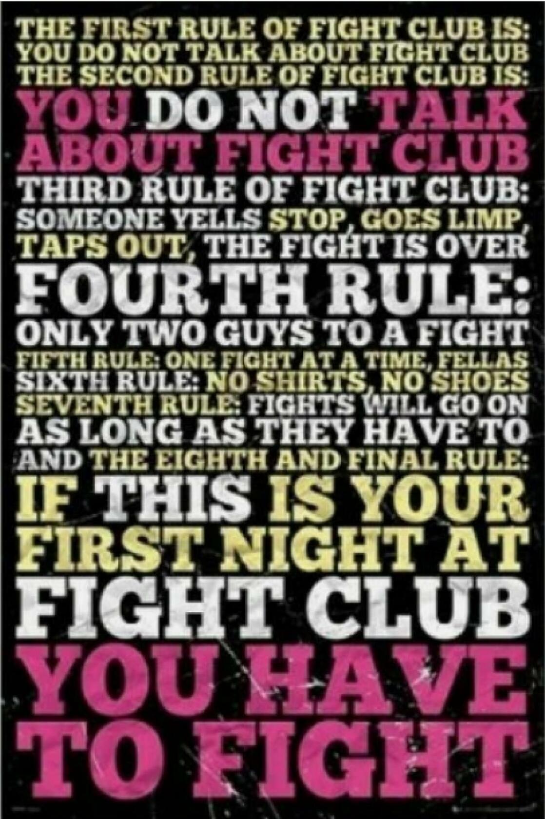 Fight Club Rules Typography Art Print, Movie Quote Wall Poster, Black Background with Pink and White Text 0755
