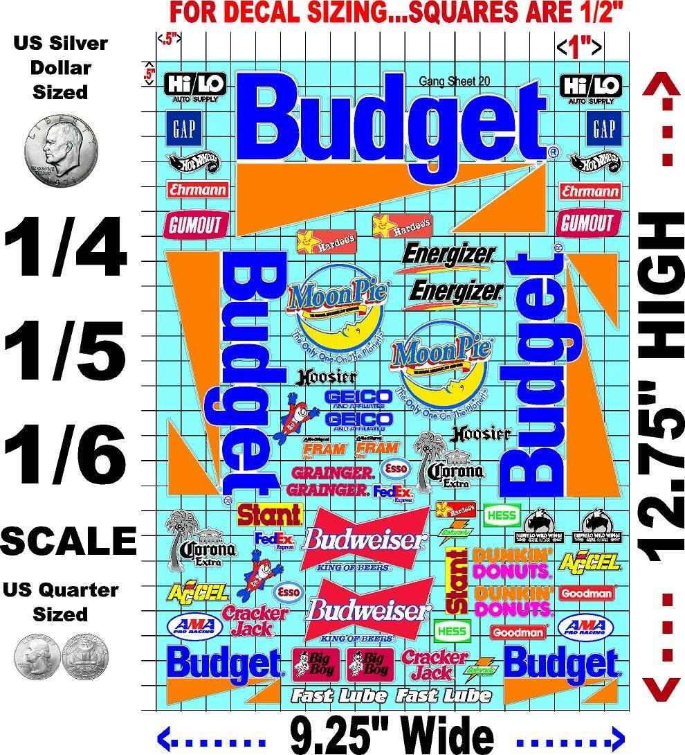 Vinyl R/C Racing Sponsor Sticker Gang Sheet 20 Budget -1/4-1/5 � 1/6th Scale Model Decal Sticker Sheet Radio Control Lexan Body � Die-Cut to Shape - Peel & Stick � Water Slide Rental