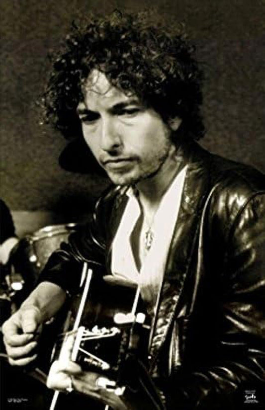 Buyartforless Bob Dylan Playing Guitar 34.5x22.25 Music Band Rock Legend Poster, Print, Decorative Accent, Wall Art, Multi-Color