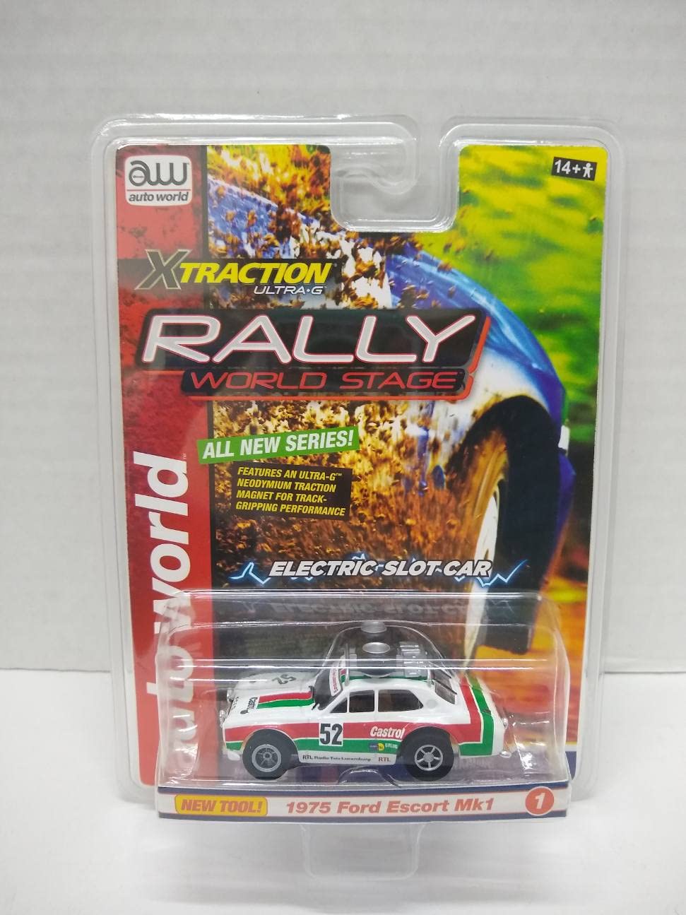 Auto World SC380-1B Rally World Stage 1975 Escort Mk1 HO Scale Electric Slot Car - White with Green and Red