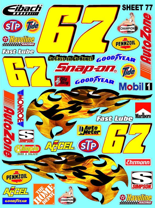 White Vinyl Sticker Variety Sheet 77-1/10th - 1/8th Scale Large 6.8" x 9.2"h Vinyl R/C Model Decal Sticker Sheet Radio Control Lexan Body