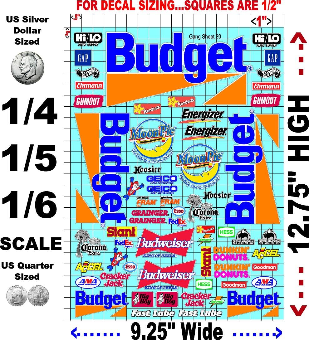 Vinyl R/C Racing Sponsor Sticker Gang Sheet 20 Budget -1/4-1/5 � 1/6th Scale Model Decal Sticker Sheet Radio Control Lexan Body � Die-Cut to Shape - Peel & Stick � Water Slide Rental (Clear)