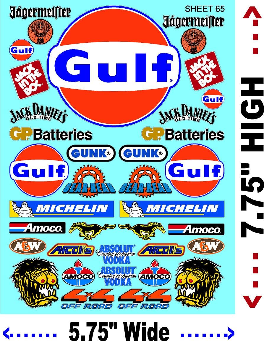 Gulf- Racing Sponsor Sticker Gang Sheet 65-1/16-1/12-1/10th Scale White Vinyl R/C Model Decal Sticker Sheet Radio Control Lexan Body - Decorate Your R/c Cars, Boats, Trucks Other Scale Model Kit.
