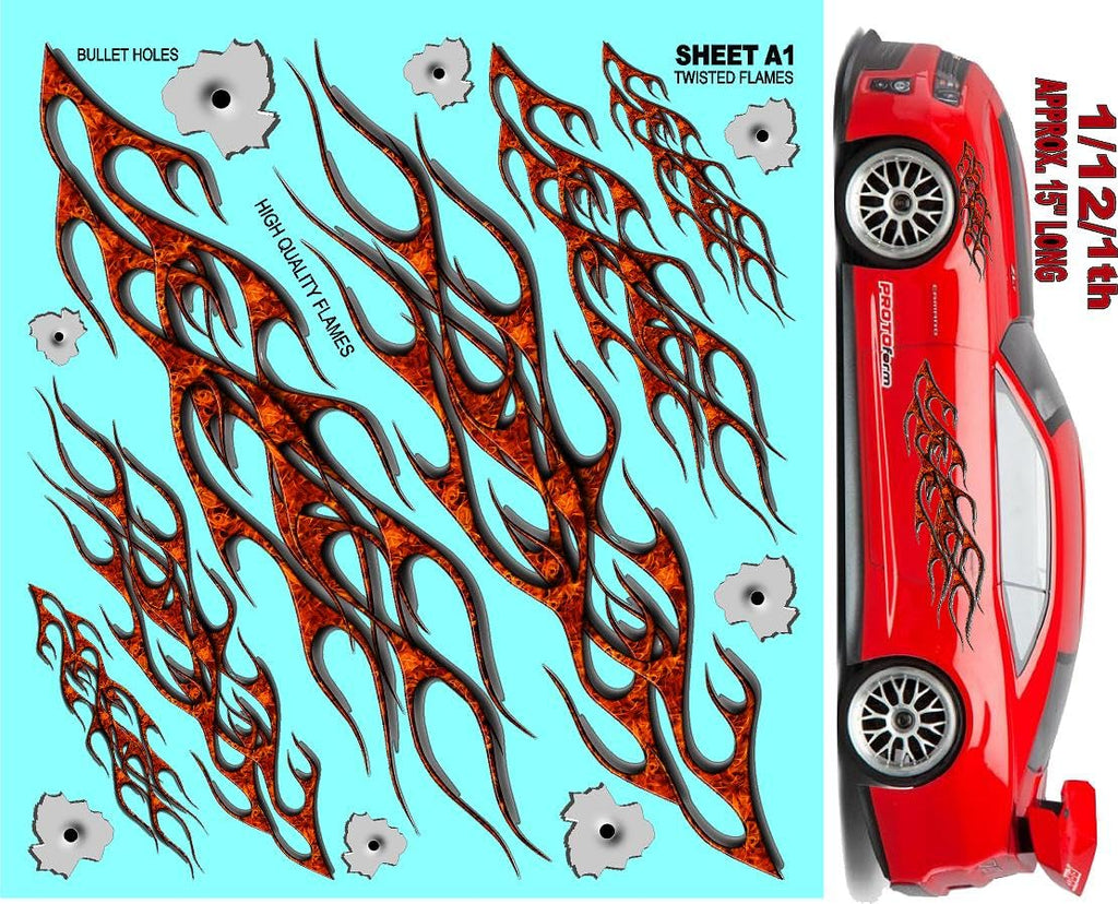 Clear Vinyl Sticker Variety Sheet Twisted Flames A1-1/12 to 1/10th Scale R/C Model Decal Sticker Sheet Radio Control Lexan Body