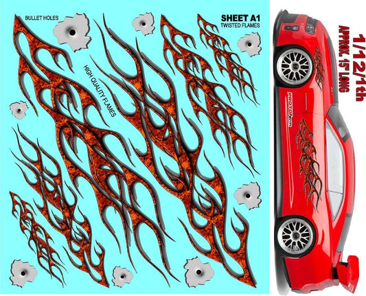 Clear Vinyl Sticker Variety Sheet Twisted Flames A1-1/12 to 1/10th Scale R/C Model Decal Sticker Sheet Radio Control Lexan Body