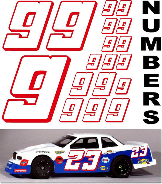 Vinyl Racing Number Decal Sheet #9's White w/Red Outline & Shadow. -Die-Cut to Shape 1/8-1/10-1/12 White Vinyl R/C Model Sticker Sheet Radio Control Lexan Body - Decorate Your R/c Cars, Boats, Trucks