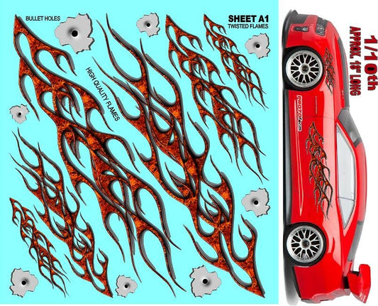 Clear Vinyl Sticker Sheet Twisted Flames A1-1/10th - 1/8th Scale Large 6.8" x 7.5"h for Cars, Trucks, Boats Anywhere You can Imagine - Easy to Apply - R/C Model Decal Radio Control Lexan Body