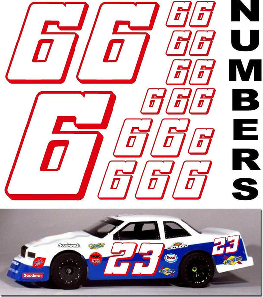 Vinyl Racing Number Decal Sheet #6's White w/Red Outline & Shadow.- Die-Cut to Shape 1/8-1/10-1/12 White Vinyl R/C Model Sticker Sheet Radio Control Lexan Body - Decorate Your R/c Cars, Boats, Trucks