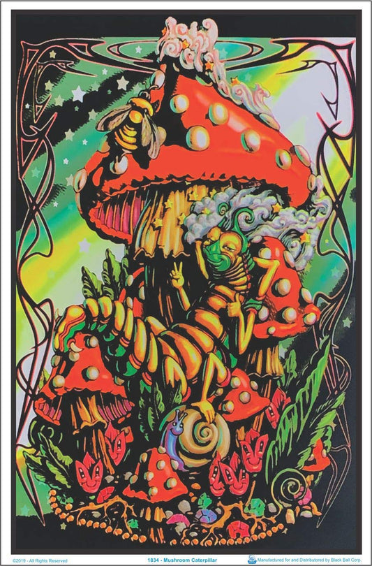 (24x36) Mushroom Caterpillar Fantasy Flocked Blacklight Poster Art Print