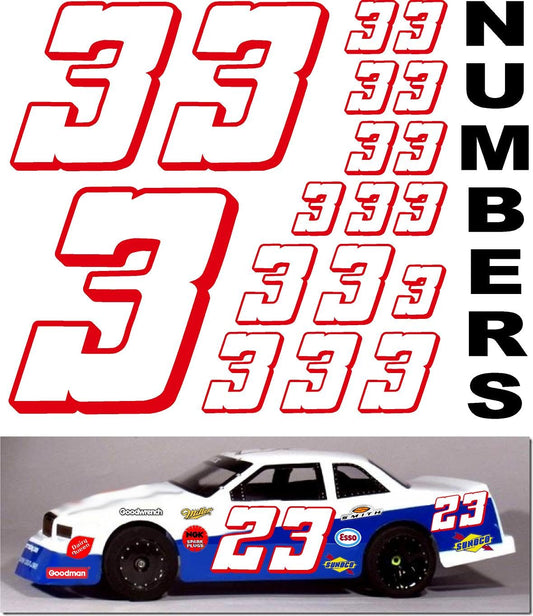 Vinyl Racing Number Decal Sheet #3's White w/Red Outline & Shadow. Die-Cut to Shape 1/8-1/10-1/12 White Vinyl R/C Model Sticker Sheet Radio Control Lexan Body - Decorate Your R/c Cars, Boats, Trucks