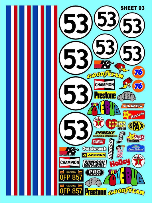 White Vinyl Sticker Variety Sheet Herbie 93 Love Bug-1/10th - 1/8th Scale Large 6.8" x 9.2"h Vinyl R/C Model Decal Sticker Sheet Radio Control Lexan Body