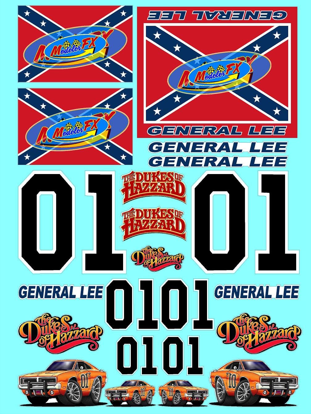 Clear Matte Vinyl Dukes Sheet of Hazzard - 1/12 to 1/10th Scale R/C Model Decal Sticker Sheet Radio Control Lexan Body