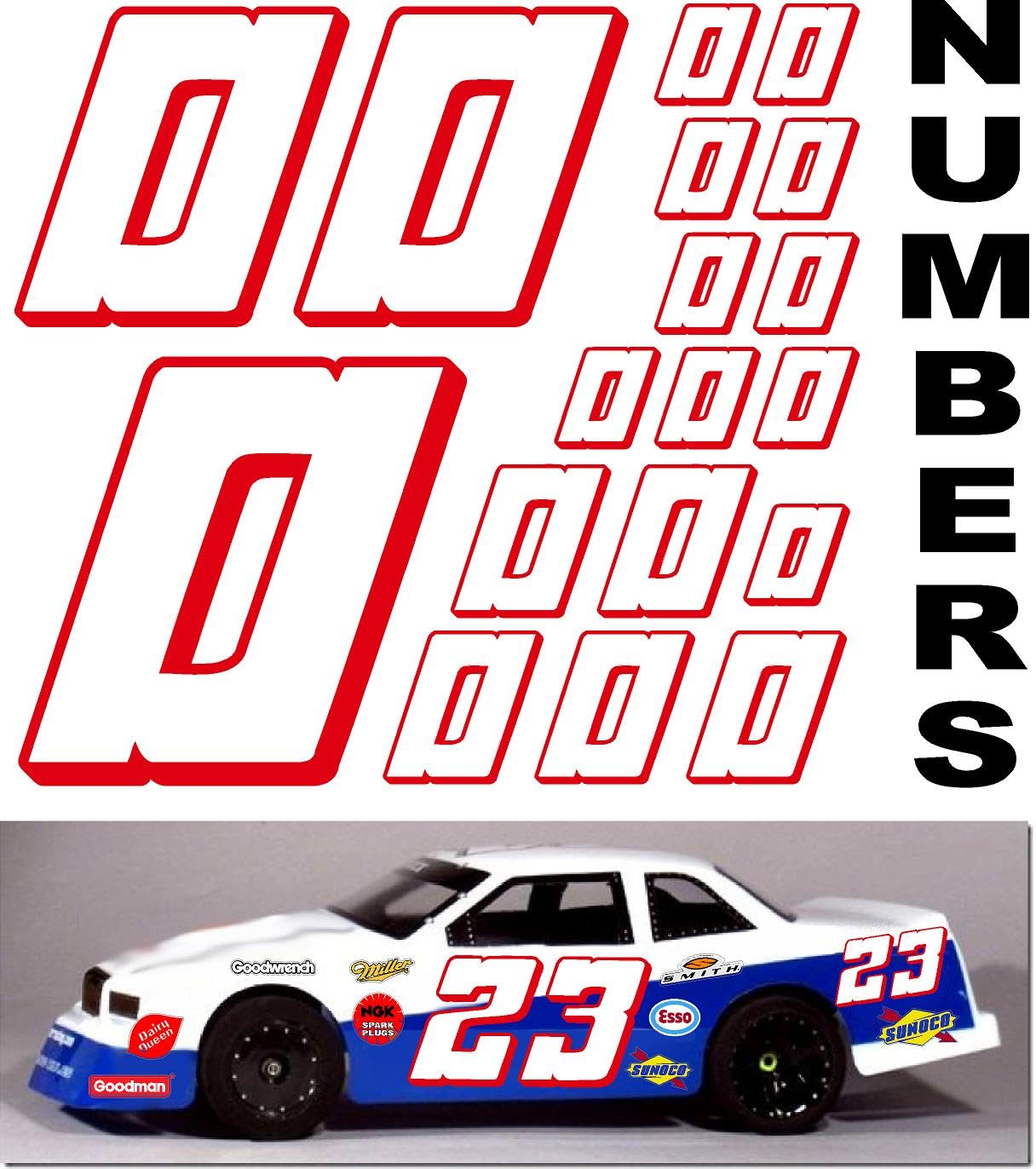 Vinyl Racing Number Decal Sheet #0's White w/Red Outline & Shadow. Die-Cut to Shape 1/8-1/10-1/12 White Vinyl R/C Model Sticker Sheet Radio Control Lexan Body - Decorate Your R/c Cars, Boats, Trucks