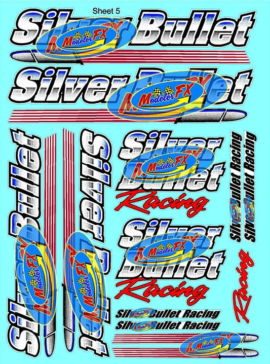 White Vinyl Sticker Sheet 5 Bullet Variety-1/10th - 1/8th Scale Large 6.8" x 9.2"h Vinyl R/C Model Decal Sticker Sheet Radio Control Lexan Body