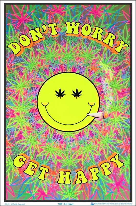 Don't Worry Get Happy - Flocked - Blacklight Poster - 23" x 35"