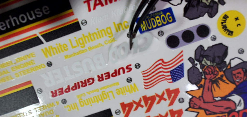 Generic Tamiya Clod Buster Decal Sticker Sheet Reproduction -1/10 Scale on Clear Vinyl R/C Model Decal Sticker Sheet Radio Control Lexan Body - Decorate Your R/c Trucks