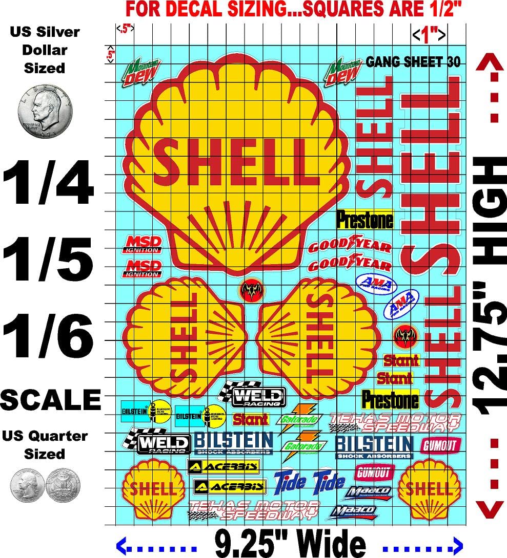 Vinyl R/C Racing Sponsor Sticker Gang Sheet 30-1/4-1/5 � 1/6th Scale Model Decal Sticker Sheet Radio Control Lexan Body � Die-Cut to Shape - Peel & Stick � Water Slide - Shell - Gift
