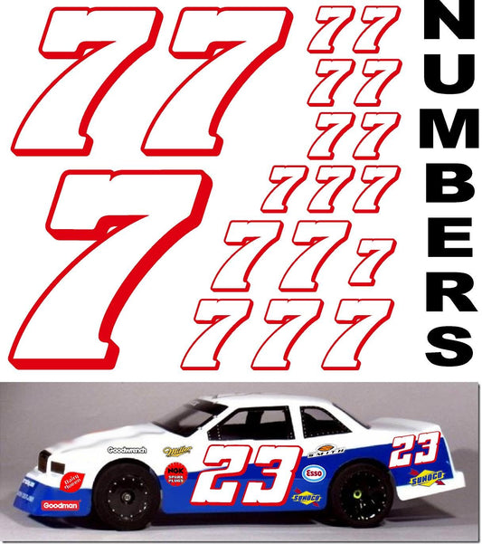 Vinyl Racing Number Decal Sheet #7's White w/Red Outline & Shadow. Die-Cut to Shape 1/8-1/10-1/12 White Vinyl R/C Model Sticker Sheet Radio Control Lexan Body - Decorate Your R/c Cars, Boats, Trucks