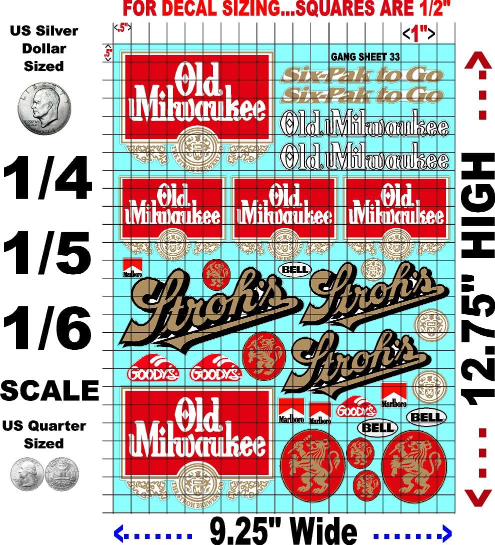 White Vinyl R/C Racing Sponsor Sticker Gang Sheet 33-1/4-1/5 � 1/6th Scale Model Decal Sticker Sheet Radio Control Lexan Body � Die-Cut to Shape - Peel & Stick � Water Slide- Milwaukee Old