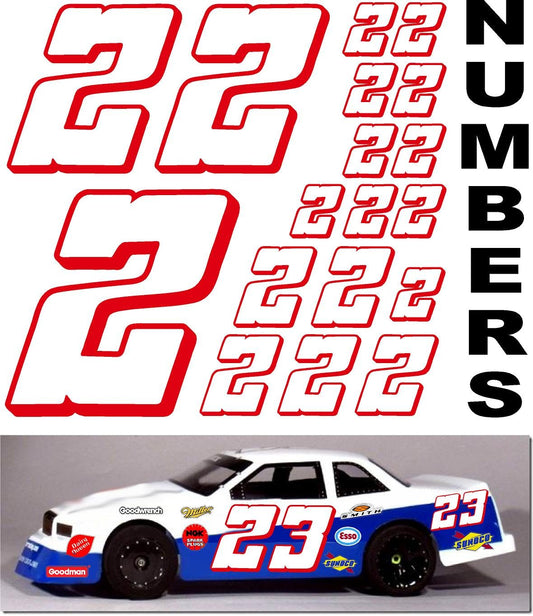Vinyl Racing Number Decal Sheet #2's White w/Red Outline & Shadow. Die-Cut to Shape 1/8-1/10-1/12 White Vinyl R/C Model Sticker Sheet Radio Control Lexan Body - Decorate Your R/c Cars, Boats, Trucks