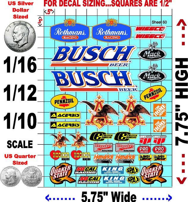 Racing Sponsor Sticker Gang Sheet 60-1/16-1/12-1/10th Scale White Vinyl R/C Model Decal Sticker Sheet Radio Control Lexan Body - Decorate Your R/c Cars, Boats, Trucks Other Scale Model Kit.