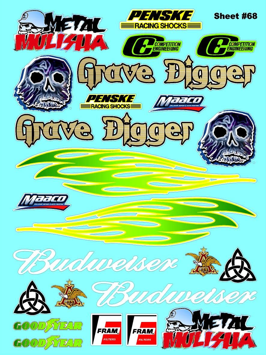 White Vinyl Sticker Variety Sheet 68-1/10th - 1/8th Scale Large 6.8" x 9.2"h Vinyl R/C Model Decal Sticker Sheet Radio Control Lexan Body