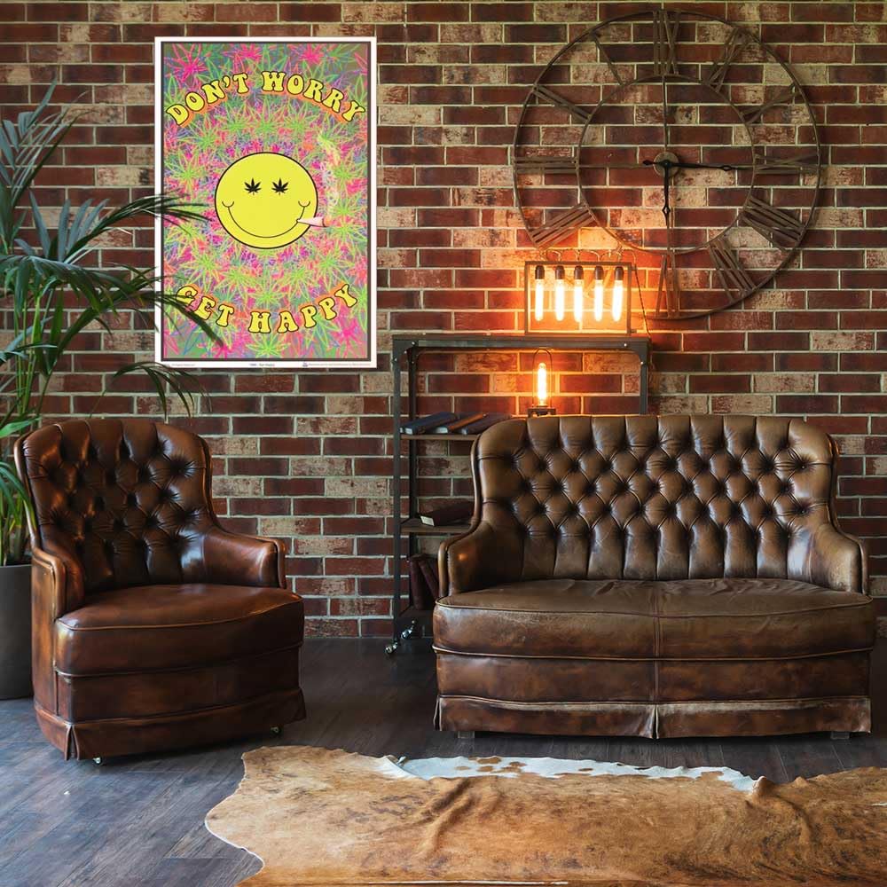Don't Worry Get Happy - Flocked - Blacklight Poster - 23" x 35"