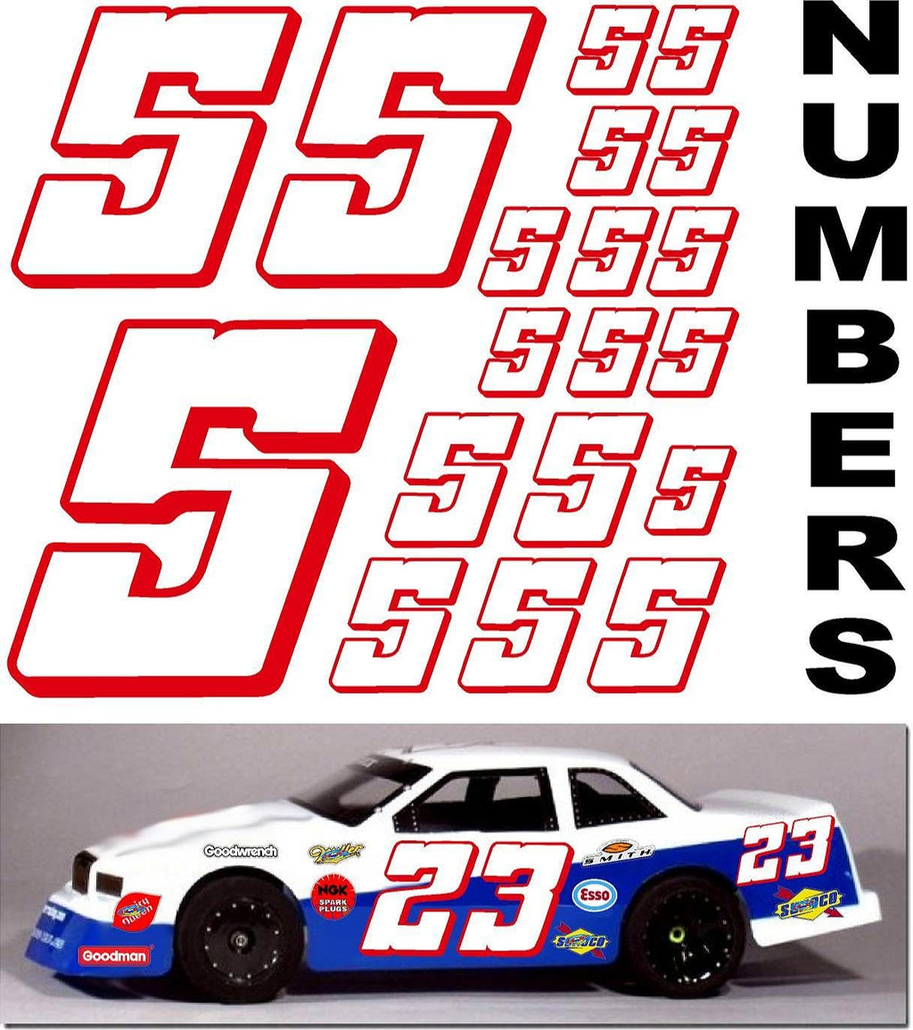 Vinyl Racing Number Decal Sheet #5's White w/Red Outline & Shadow.- Die-Cut to Shape 1/8-1/10-1/12 White Vinyl R/C Model Sticker Sheet Radio Control Lexan Body - Decorate Your R/c Cars, Boats, Trucks