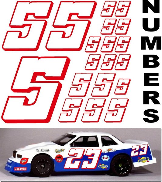 Vinyl Racing Number Decal Sheet #5's White w/Red Outline & Shadow.- Die-Cut to Shape 1/8-1/10-1/12 White Vinyl R/C Model Sticker Sheet Radio Control Lexan Body - Decorate Your R/c Cars, Boats, Trucks