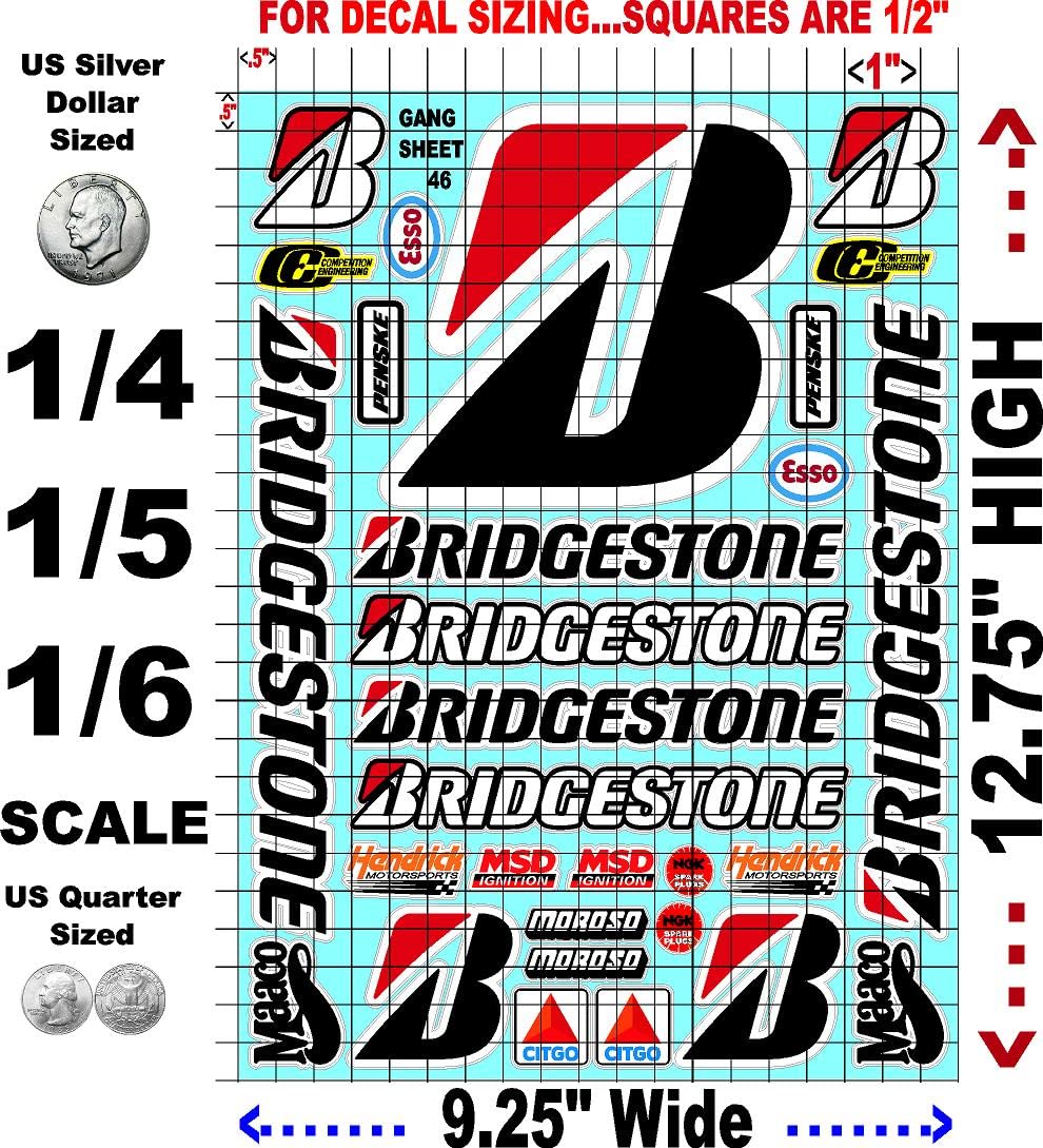 Clear Vinyl R/C Racing Sponsor Sticker Gang Sheet 46-1/4-1/5 � 1/6th Scale Model Decal Sticker Sheet Radio Control Lexan Body � Die-Cut to Shape - Peel & Stick � Water Slide - Bridge Stone