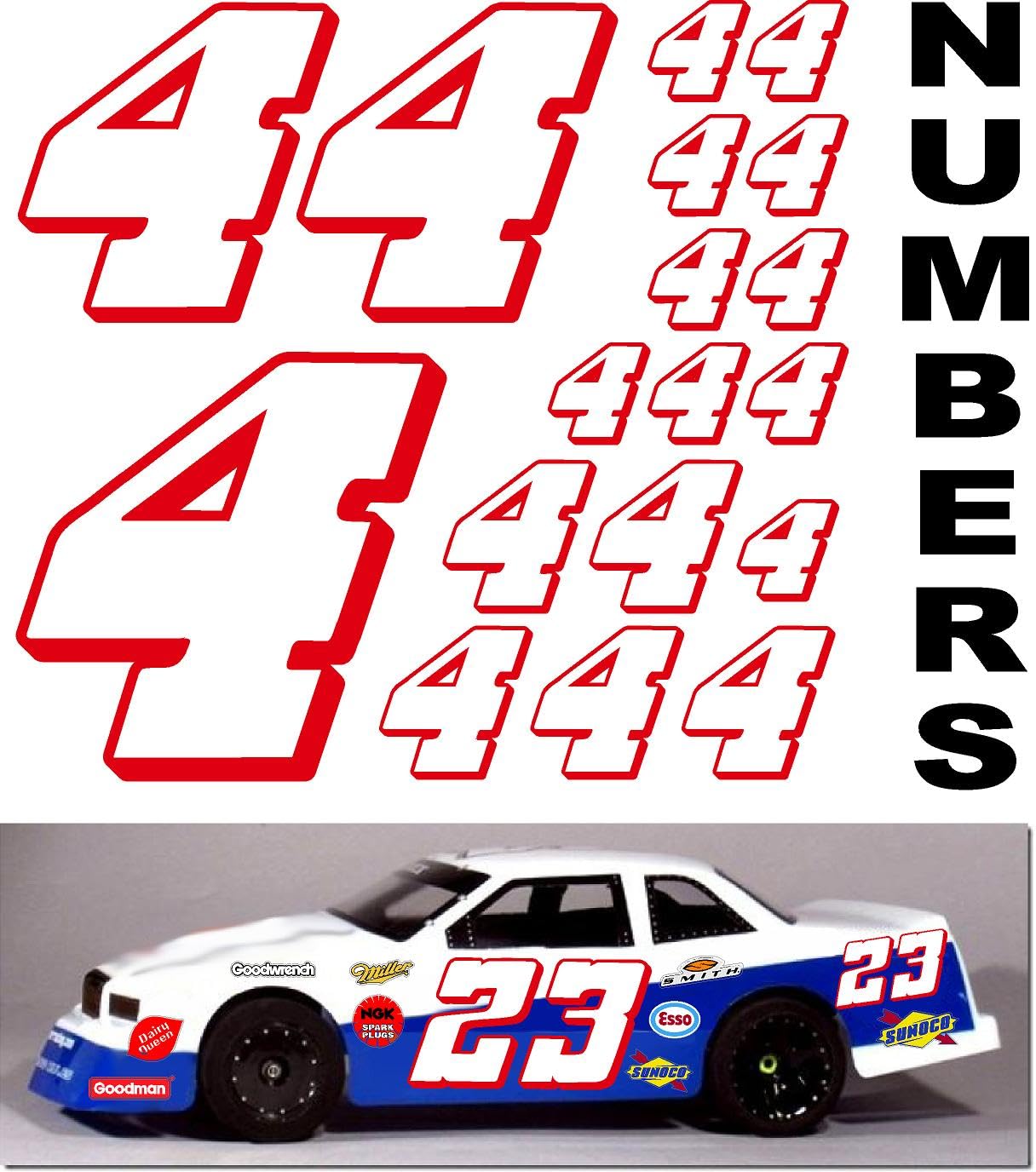 44 Sticker Racing Number Vinyl Racing Number Decal Sheet #4's White w/Red Outline & Shadow. Die ...