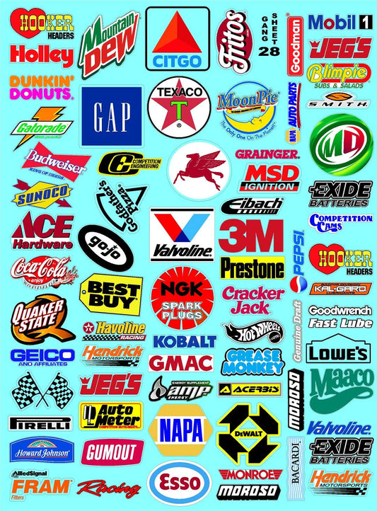 Clear Vinyl R/C Racing Sponsor Sticker Gang Sheet 28-1/24 � 1/16th Scale Model Decal Sticker Sheet Radio Control Lexan Body � Die-Cut to Shape - Peel & Stick � Water Slide