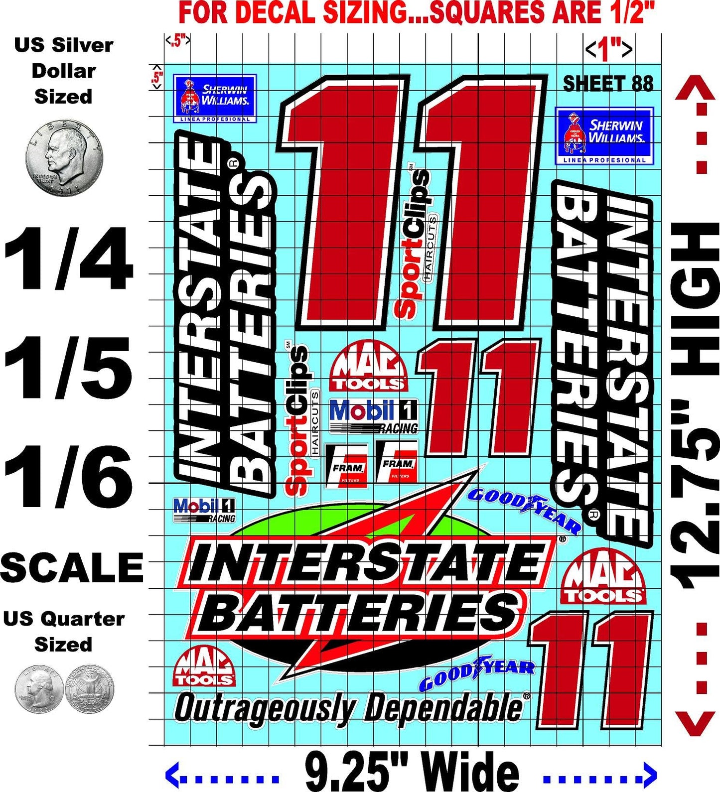 White Vinyl Sheet 88 R/C Racing Sponsor Sticker Gang Sheet Wrench -1/4-1/5 � 1/6th Scale Model Decal Sticker Sheet Radio Control Lexan Body � Die-Cut to Shape - Peel & Stick � Water Slide - Car