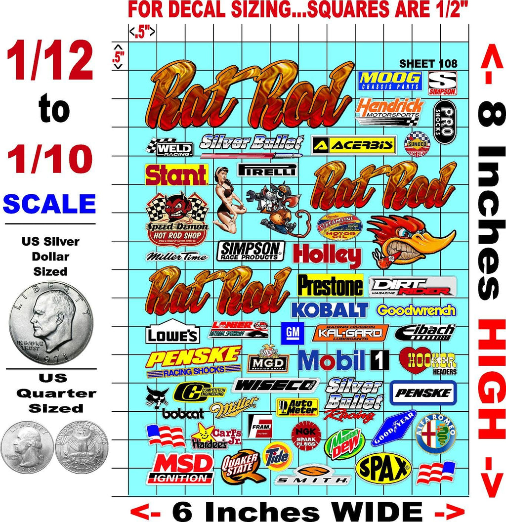 Clear Vinyl Sticker Variety Sheet 108 Rat Rod - 1/12 to 1/10th Scale R/C Model Decal Sticker Sheet Radio Control Lexan Body