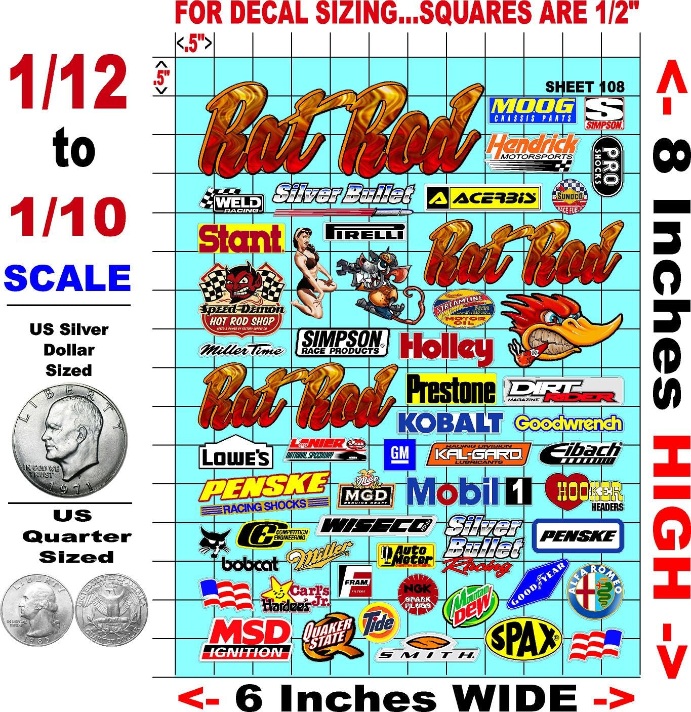 White Vinyl Sticker Sheet 108 Rat Rod - 1/12 to 1/10th Scale R/C Model Decal Sticker Sheet Radio Control Lexan Body