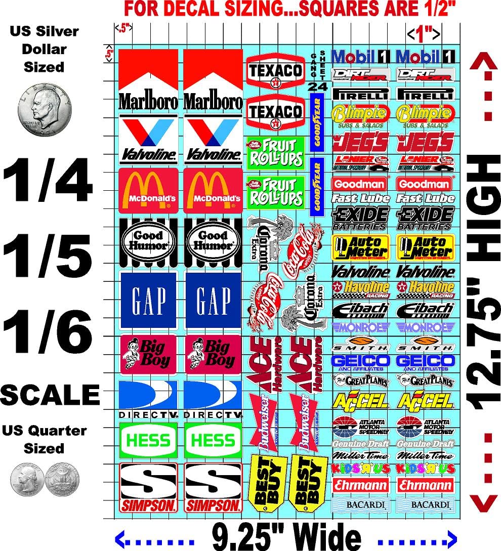 Clear Vinyl R/C Racing Sponsor Sticker Gang Sheet 24-1/4-1/5 � 1/6th Scale Model Decal Sticker Sheet Radio Control Lexan Body � Die-Cut to Shape - Peel & Stick � Water Slide Sticker