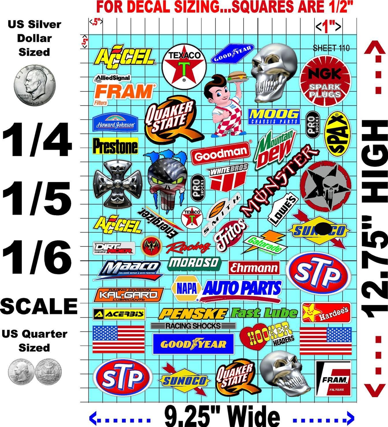 White Vinyl Sheet 110 Variety R/C Racing Sponsor Sticker Gang Sheet Wrench-1/4-1/5�1/6th Scale Model Decal Sticker Sheet Radio Control Lexan Body-Die-Cut to Shape-Peel & Stick�Water Slide-Car